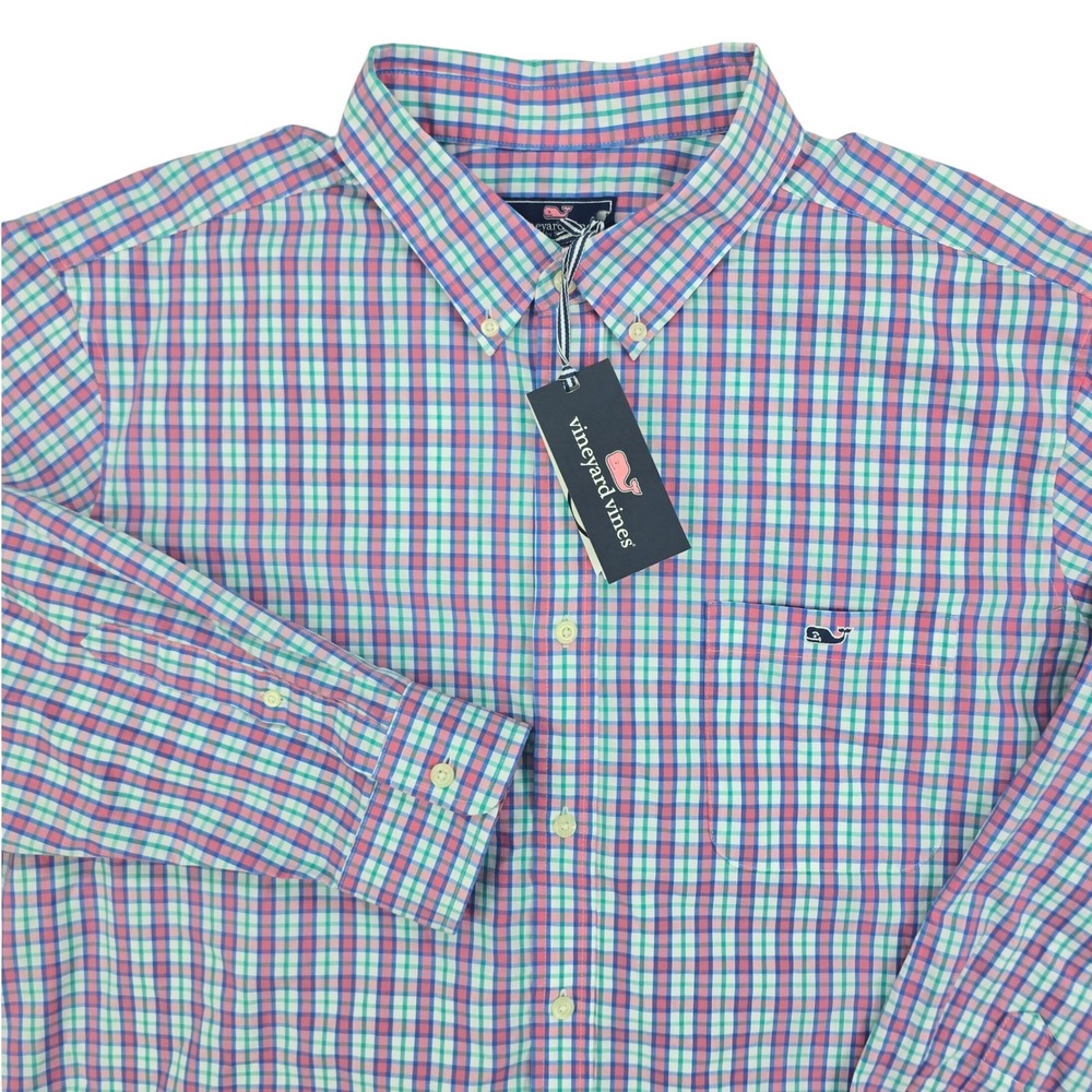 Vineyard Vines Classic Fit Poplin Shirt XXL Bermuda Pink Check Plaid Whale Logo